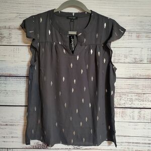 Papermoon Stitch Fix Flutter Sleeve Blouse Grey & Silver Foil Leaves Small
